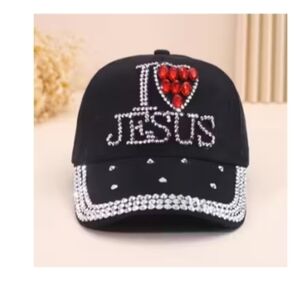 Black Rhinestone 'I Love Jesus' Baseball Cap